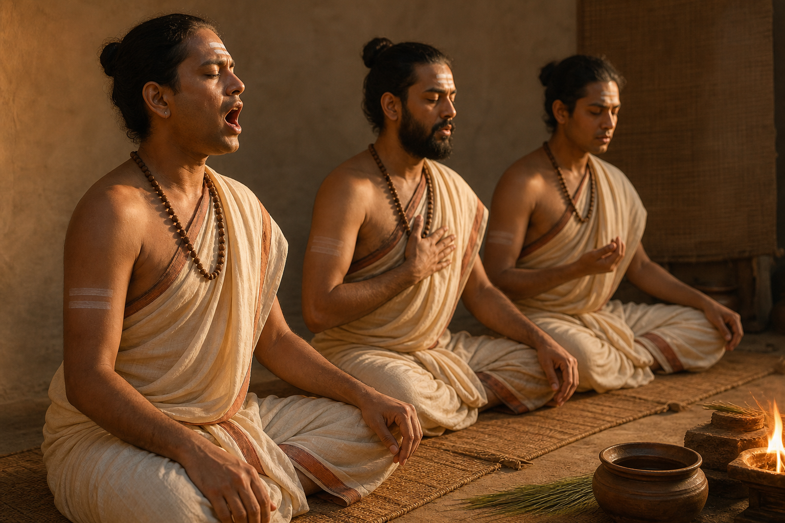 One Vedic chanter begins an intoned sound as two other seated priests prepare to continue the ritual chant.
