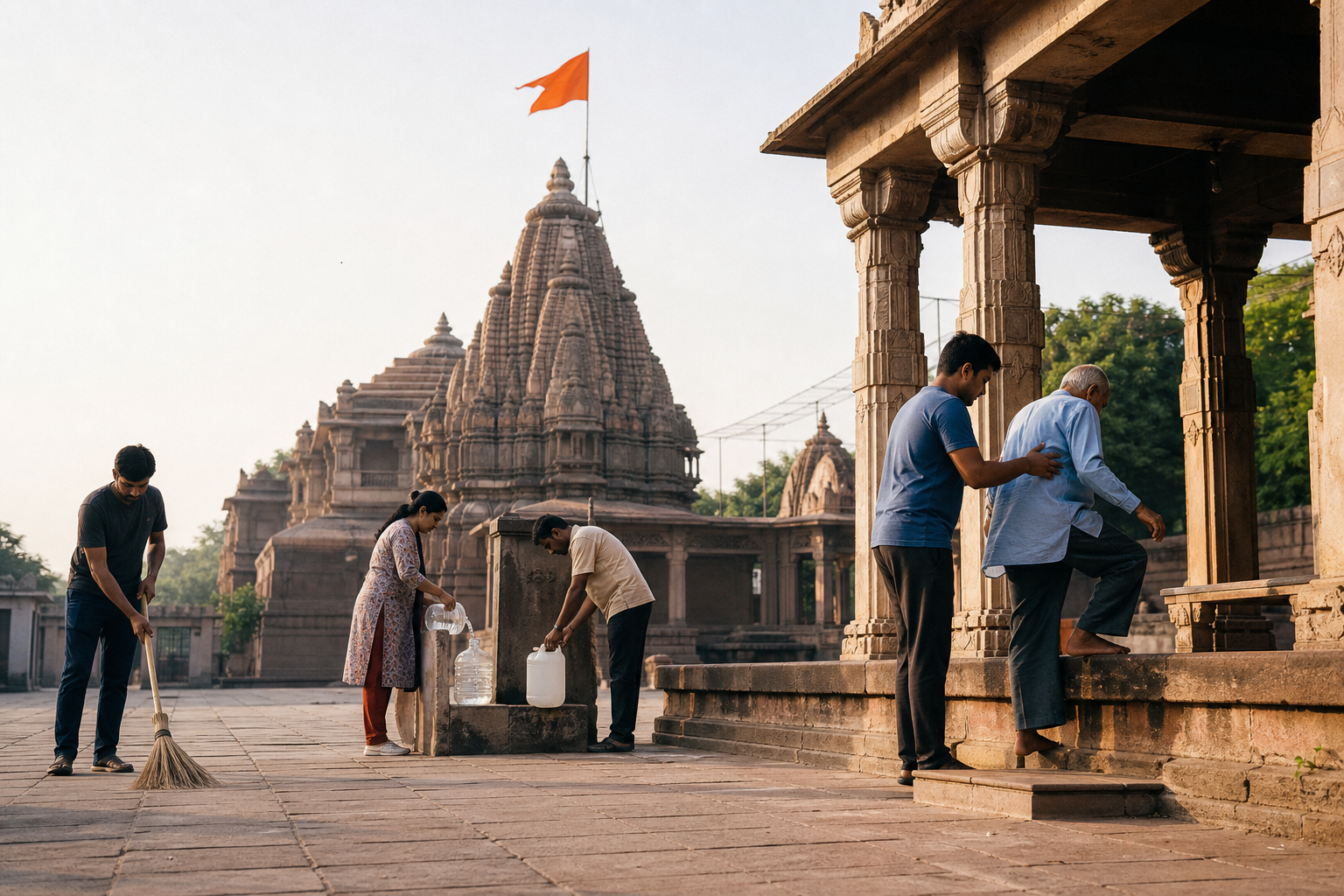 Volunteers clean a temple courtyard, refill drinking water, and assist an older visitor while a saffron flag flies above the distant spire.