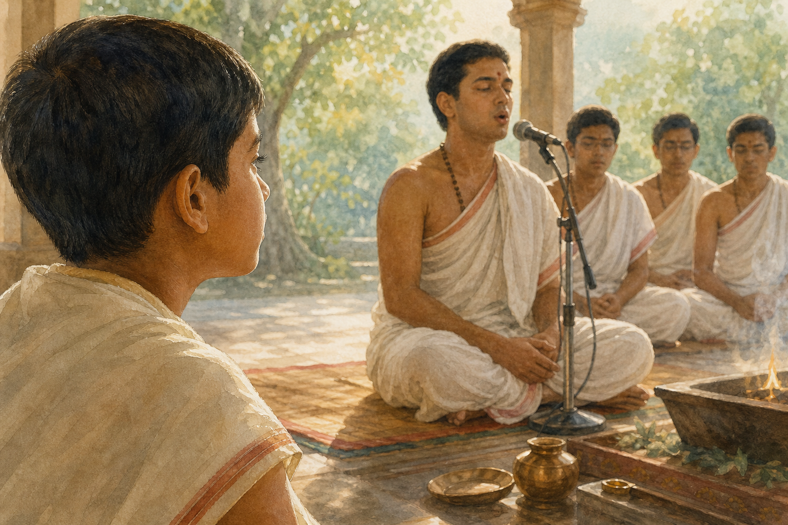 A young student watches and listens closely as a seated Vedic priest begins chanting with other singers behind him.