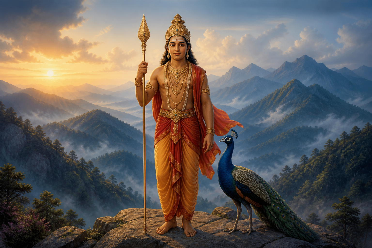 Murugan stands calmly on a dawn-lit mountain ridge holding a vertical vel, with a peacock beside him and misty hills in the distance.