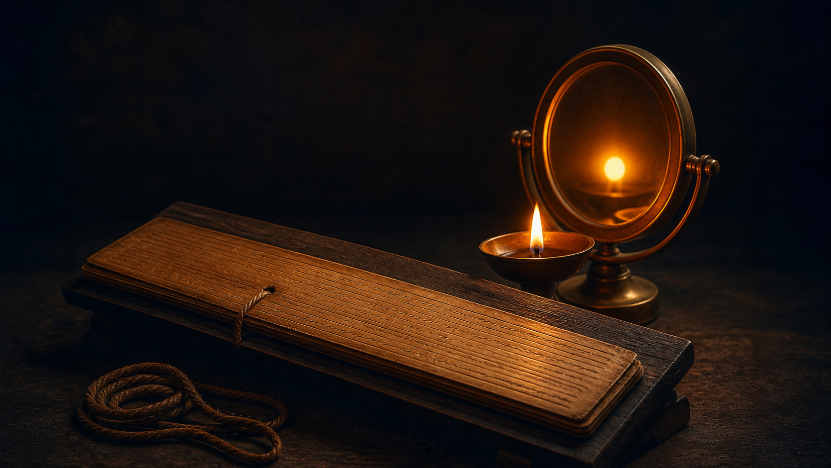 An open palm-leaf manuscript, an oil lamp, a polished bronze mirror, and a coiled cord arranged in a dim study.