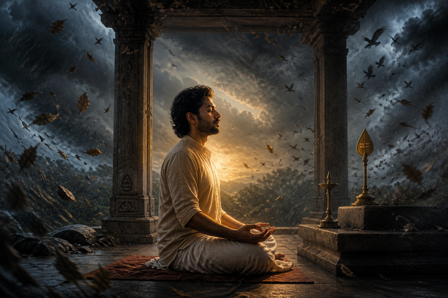 A person meditates in a stone shrine while windblown leaves and dark clouds circle the still, softly lit space around them.