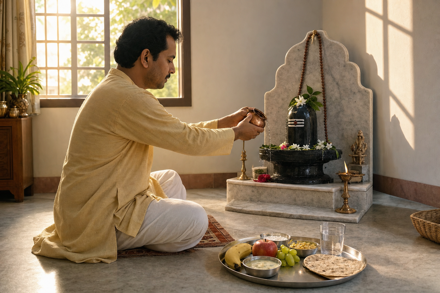 A devotee concludes worship at a Shiva lingam in morning light, with water, fruit, and a simple vegetarian meal prepared nearby.