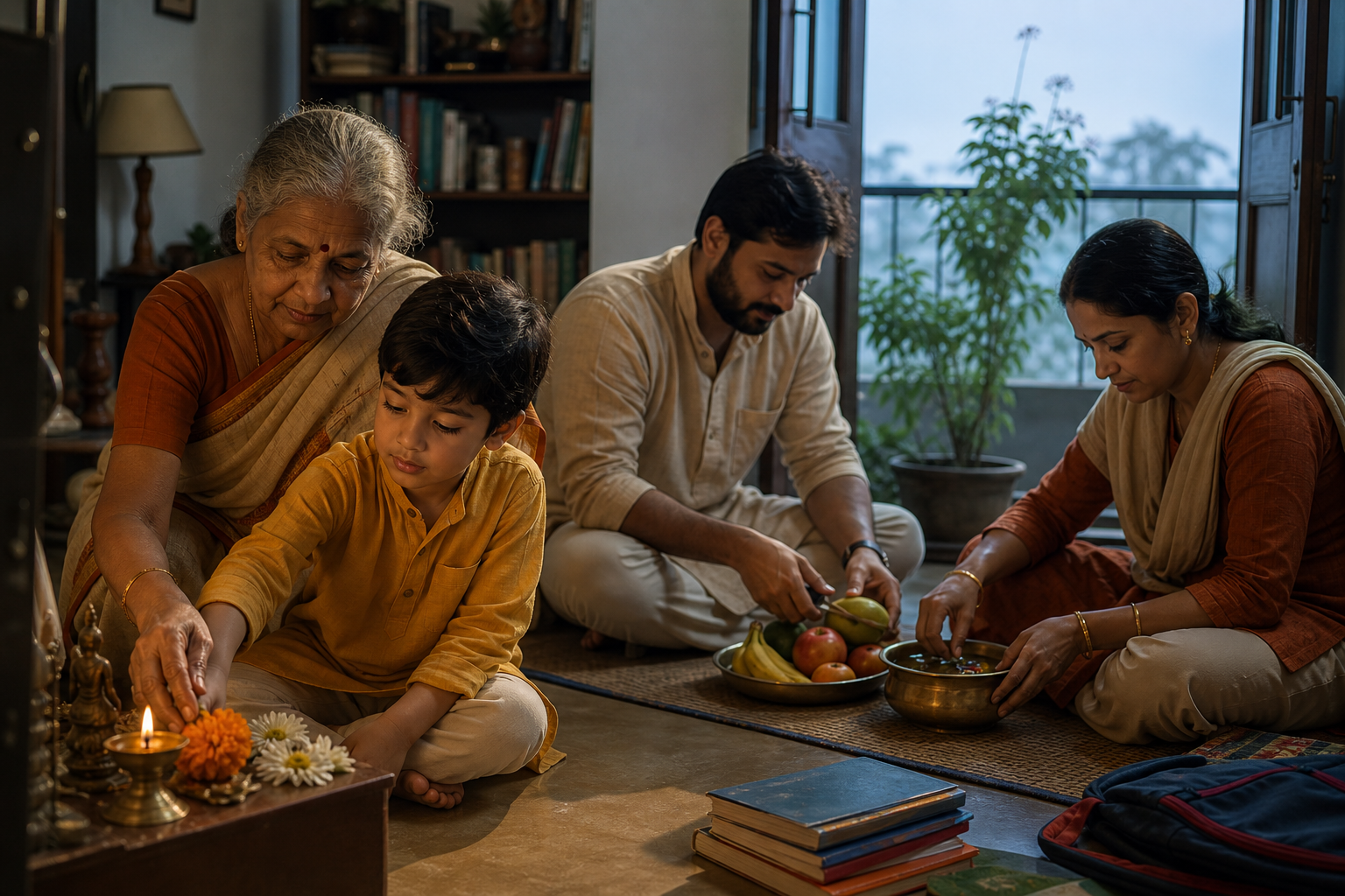 An elder guides a child in placing flowers beside a brass oil lamp while other family members prepare a simple household Hindu observance.