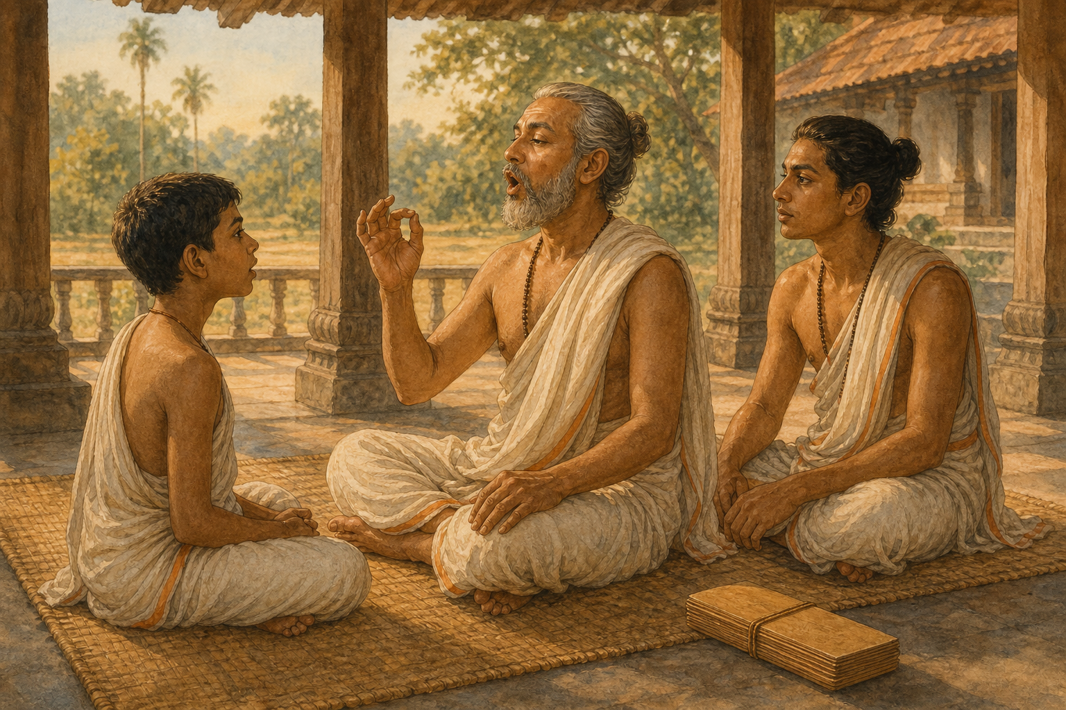 An elder Vedic teacher demonstrates a chant to two seated students while a closed palm-leaf manuscript rests nearby.