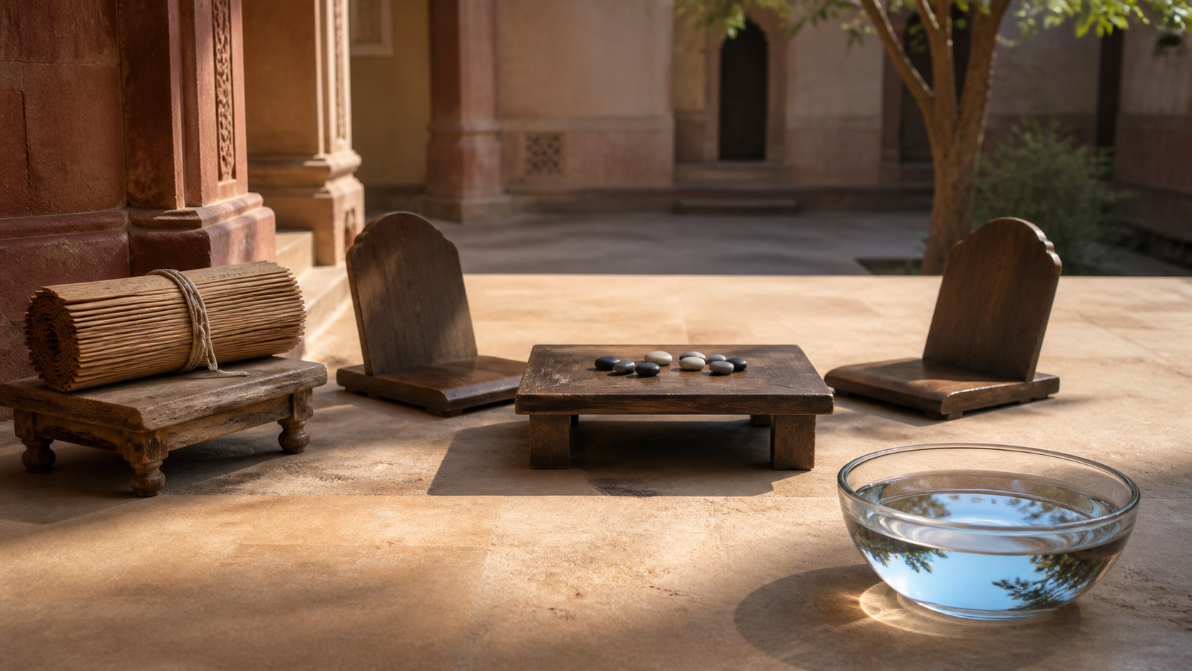 Palm-leaf manuscripts, two facing debate seats with counting stones, and a reflective bowl of water share a sunlit courtyard.