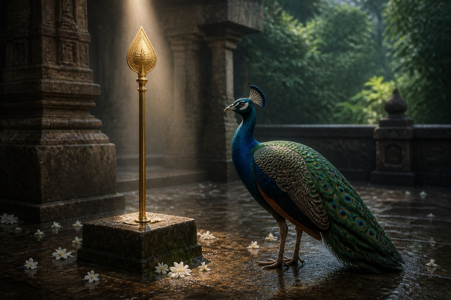 An upright bronze vel and a peacock with folded tail stand together in a rain-damp temple courtyard scattered with jasmine blossoms.
