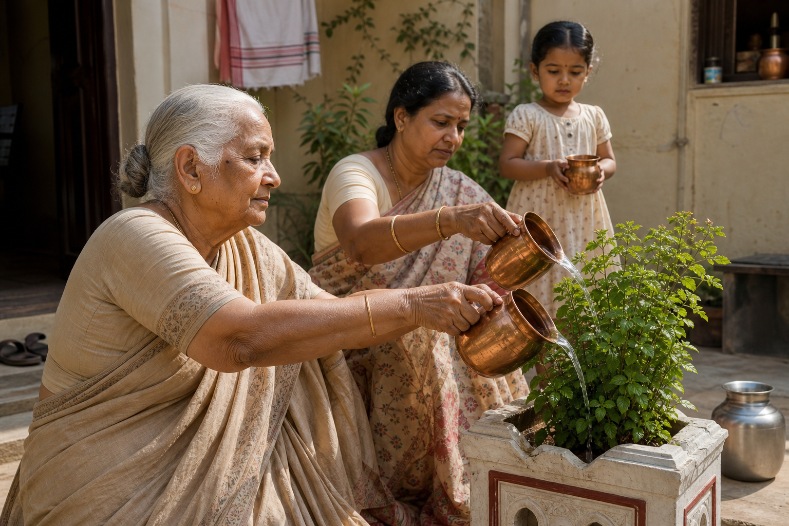 Three generations gather around a tulsi plant as an elder demonstrates a water offering with a copper vessel.