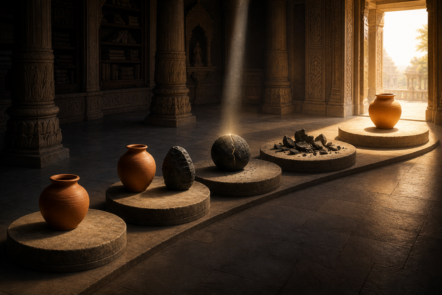 Five stone platforms curve through a hall, with objects changing from contrast and fracture to a single illuminated vessel near an open doorway.