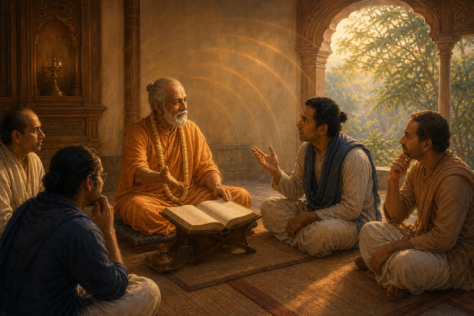 An elderly Vaishnava teacher questions a student during a scripture discussion as other students listen around an open book.