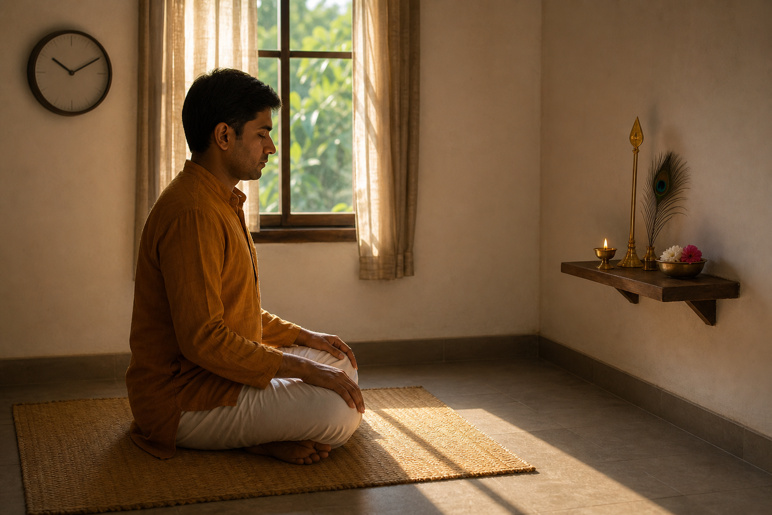A person sits on a woven mat for morning practice before a small home shrine with a brass vel, oil lamp, flowers, and peacock feather.