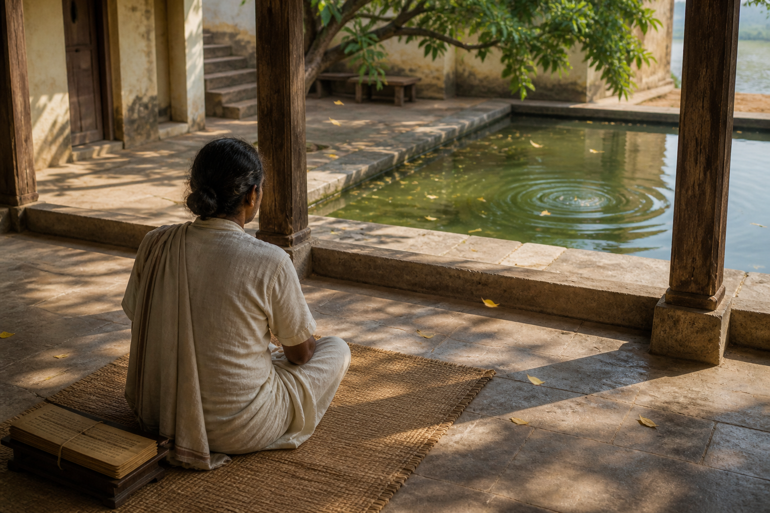 A seated scholar observes rippling water, falling leaves, cloud shadows, and changing sunlight from a shaded veranda.