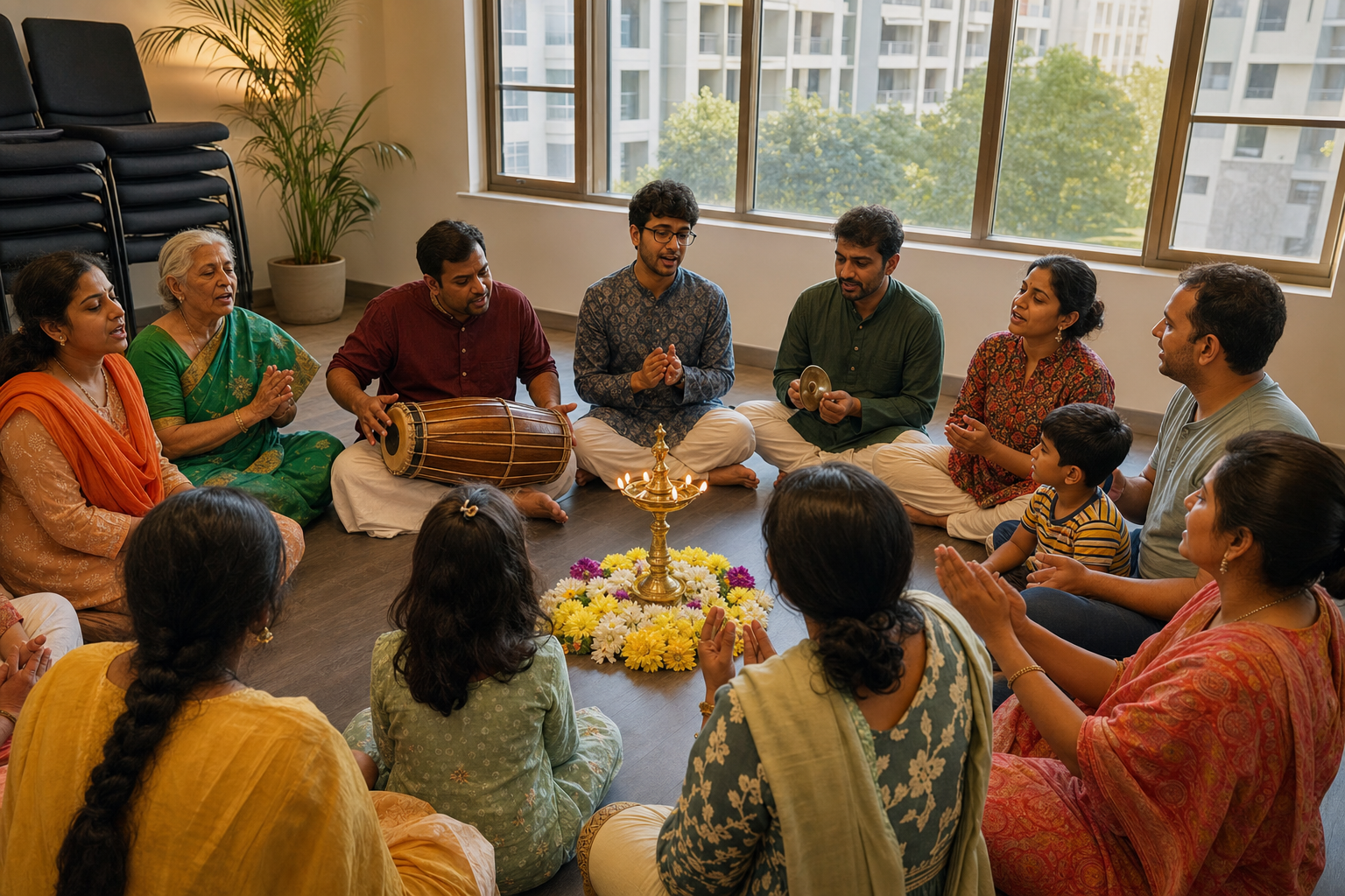 Children, adults, and elders take part in a Hindu devotional music circle around a brass lamp in a modern community room.