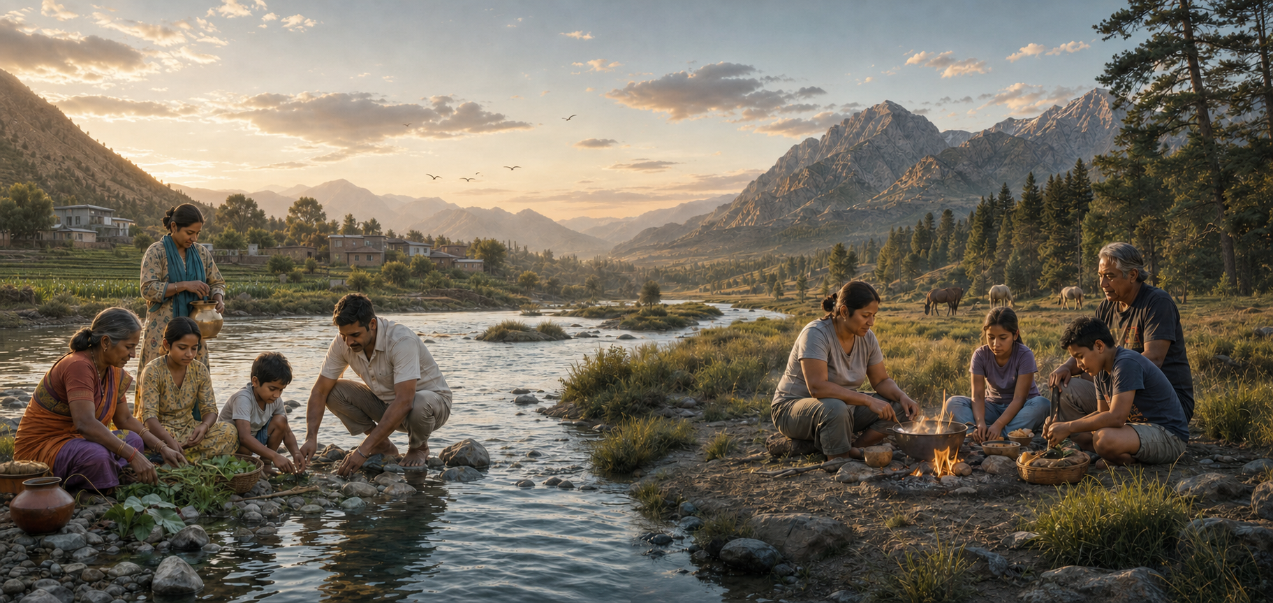 Indian and Native American families care for plants, water, and cooking fires in two distinct river landscapes beneath a continuous sky.