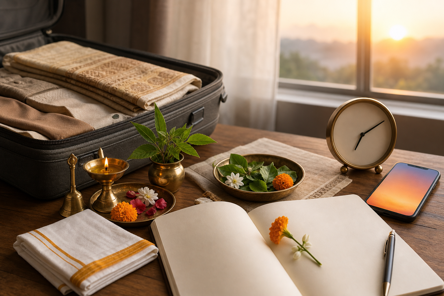 Travel puja kit, analog clock, phone, suitcase, and flower marker arranged beside a blank planner.