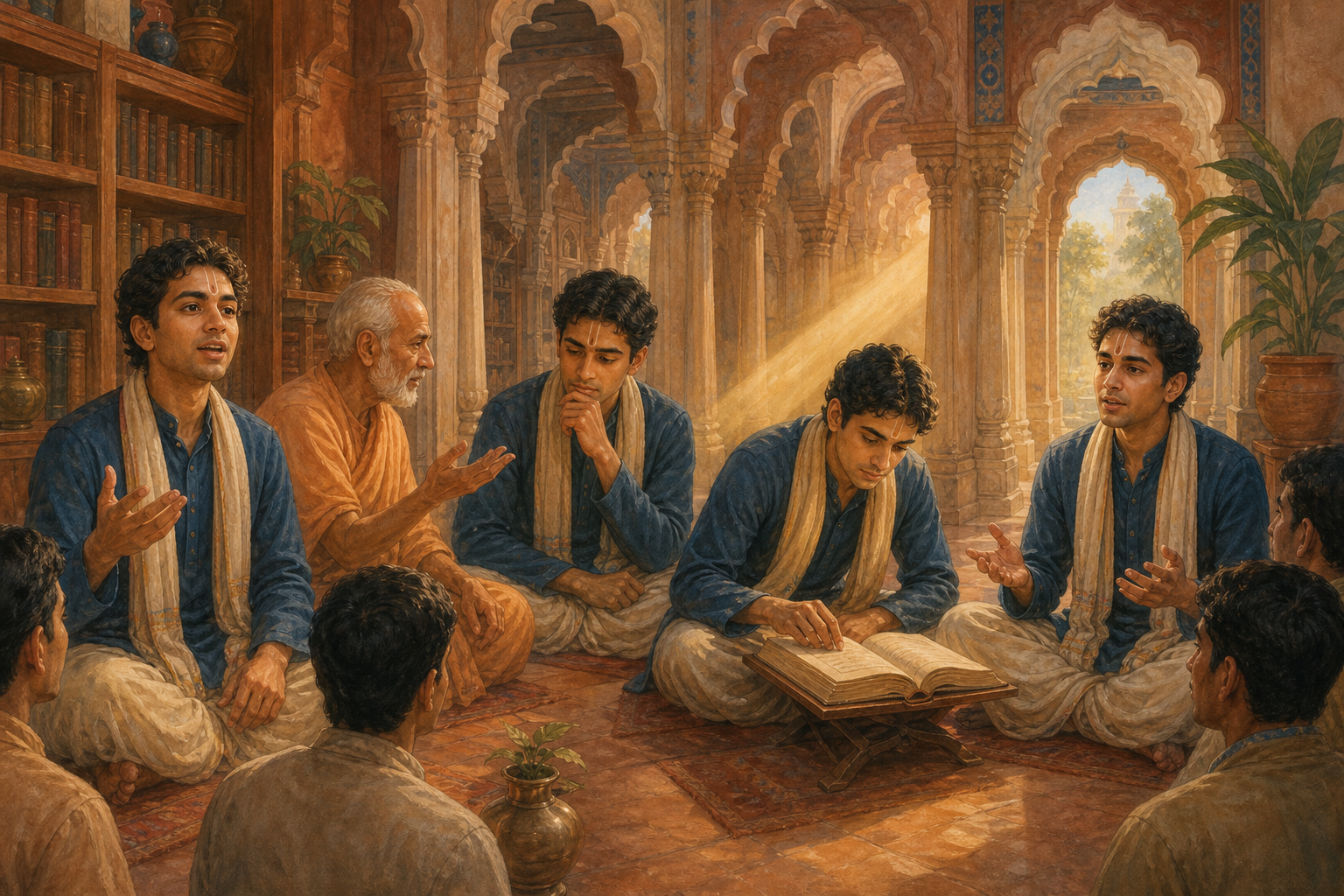 A student moves from giving an answer to consulting scripture and explaining the conclusion while a Vaishnava teacher guides the inquiry.