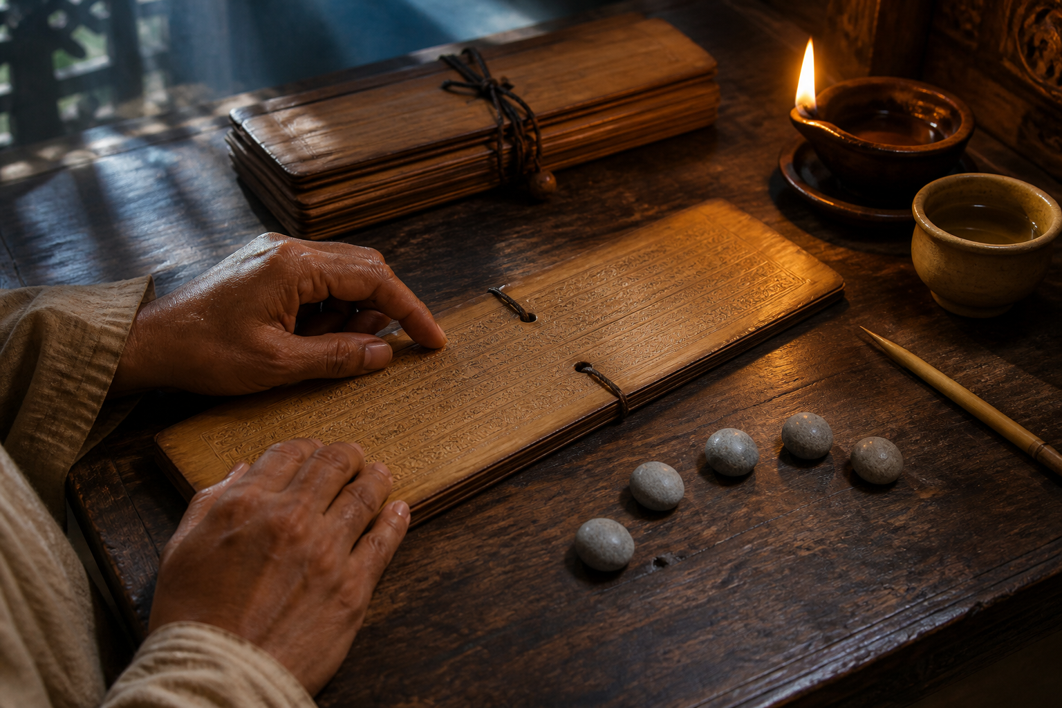 A reader's hands rest above a palm-leaf manuscript beside five pebbles, a lamp, a cup, a stylus, and a closed manuscript bundle.
