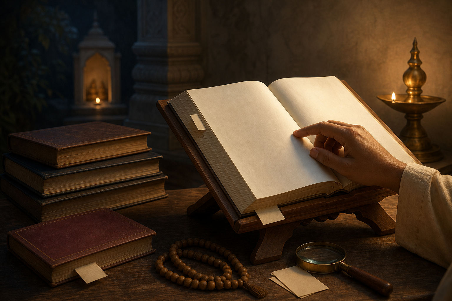 An illuminated open scripture on a wooden stand is studied closely beside prayer beads and several closed books.