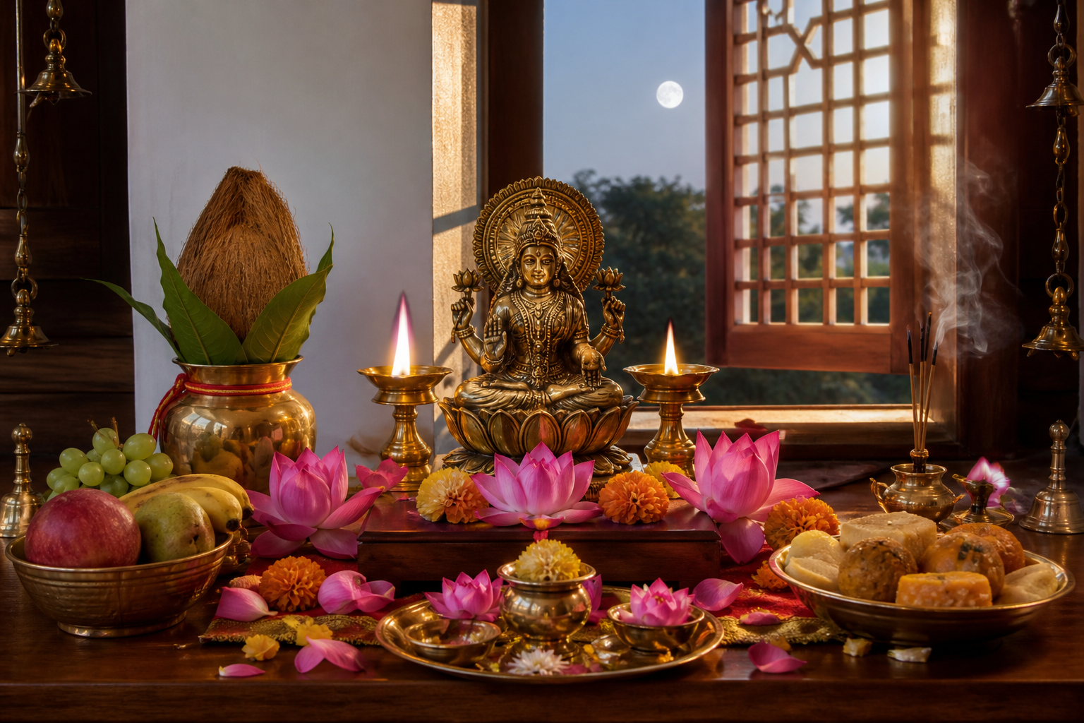 A brass Lakshmi murti on a flower-filled home altar with a kalasha, offerings, oil lamps, and a pale full moon visible at dawn.