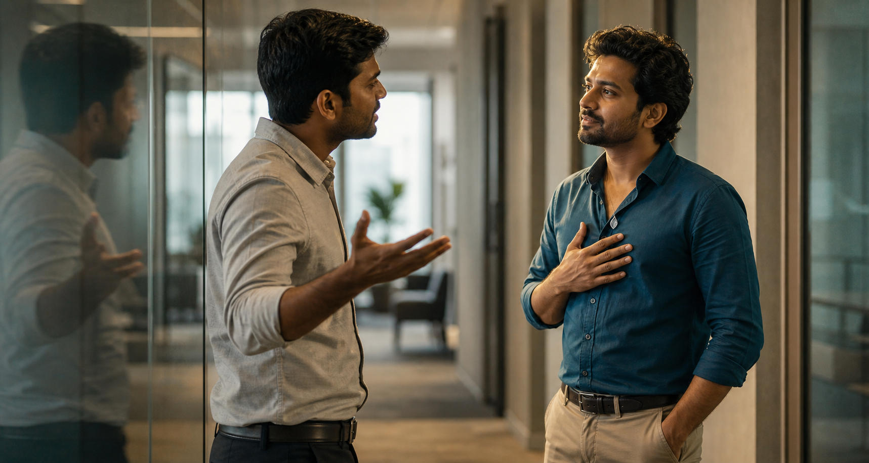 Two colleagues face each other during a tense office conversation as one gestures in frustration and the other pauses with a calm, grounded posture.