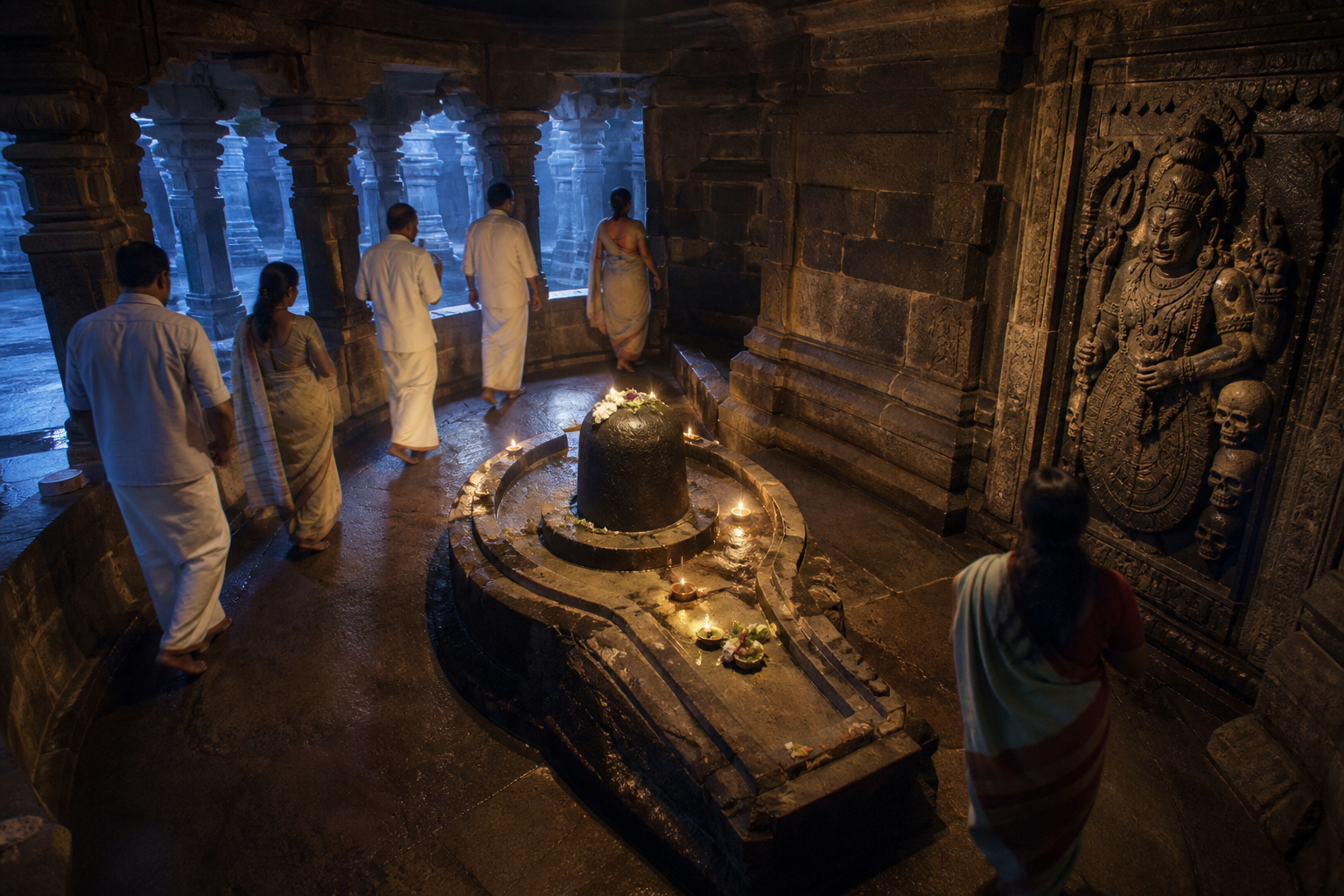 Devotees walk clockwise around a central Shiva shrine in a stone temple, with a Bhairava relief visible along the passage.