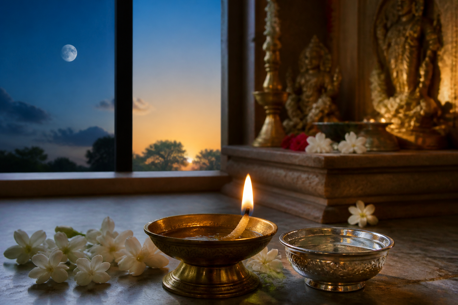 A steadily burning brass oil lamp beside jasmine and a silver bowl as blue predawn light changes to golden morning light.