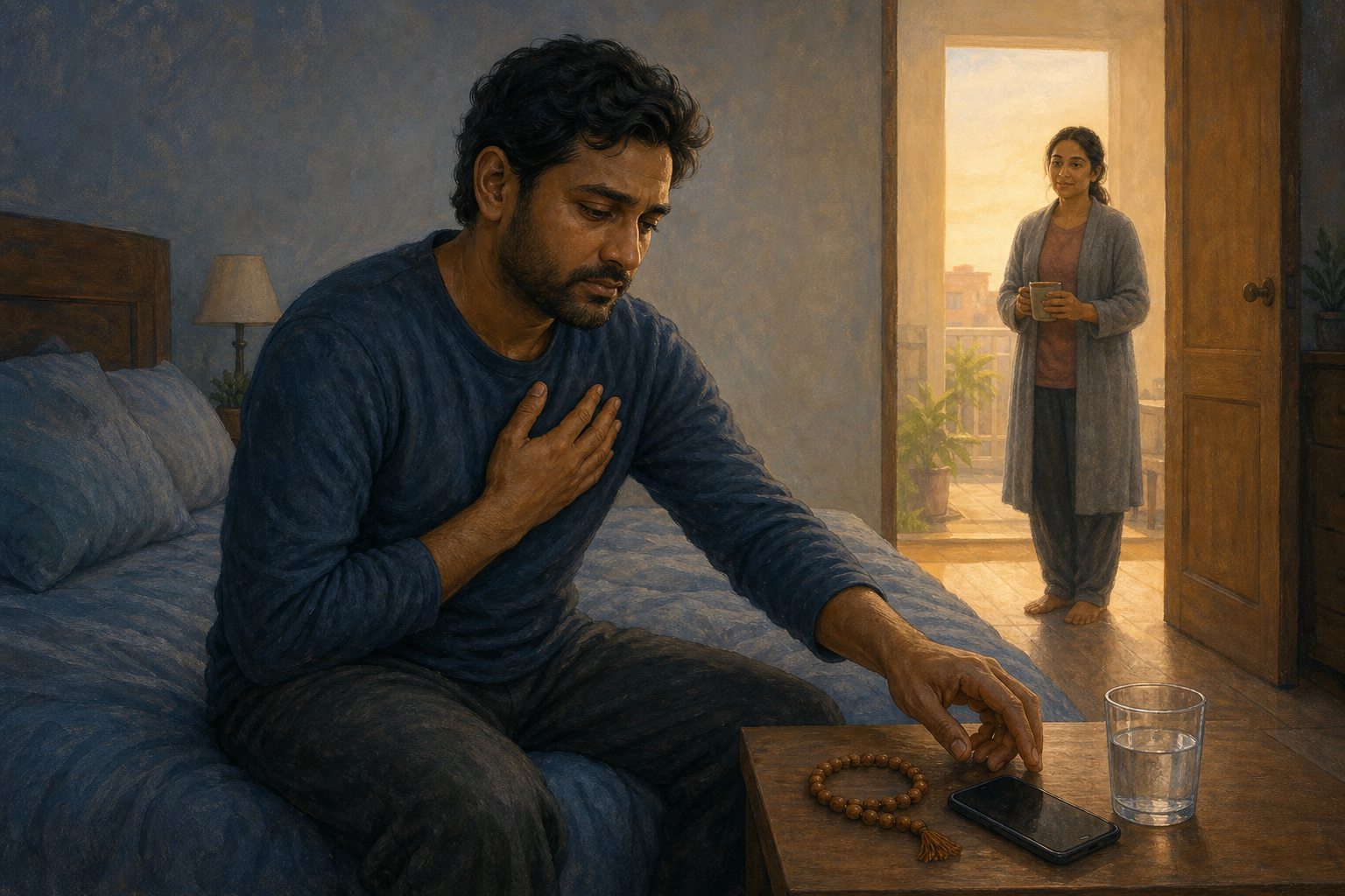 A person sits on the edge of a bed beside prayer beads, water, and a phone while a supportive friend waits in the open doorway.