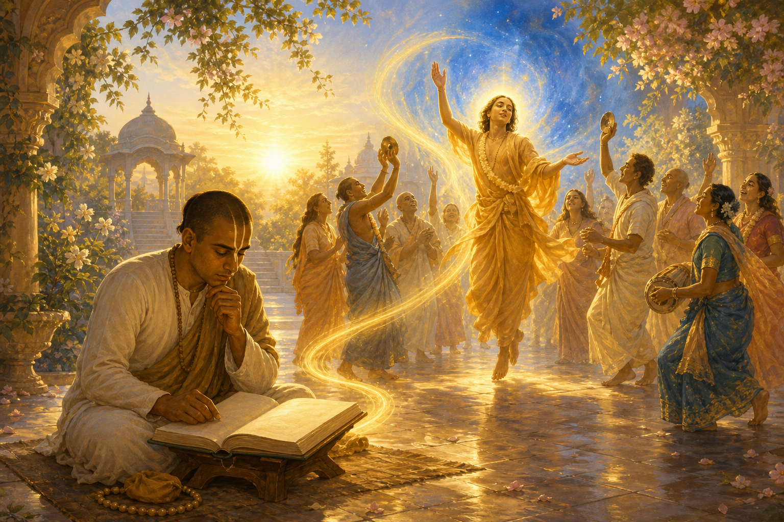A practitioner studies an open scripture while a radiant golden-robed devotional figure leads companions in worship in a temple courtyard.