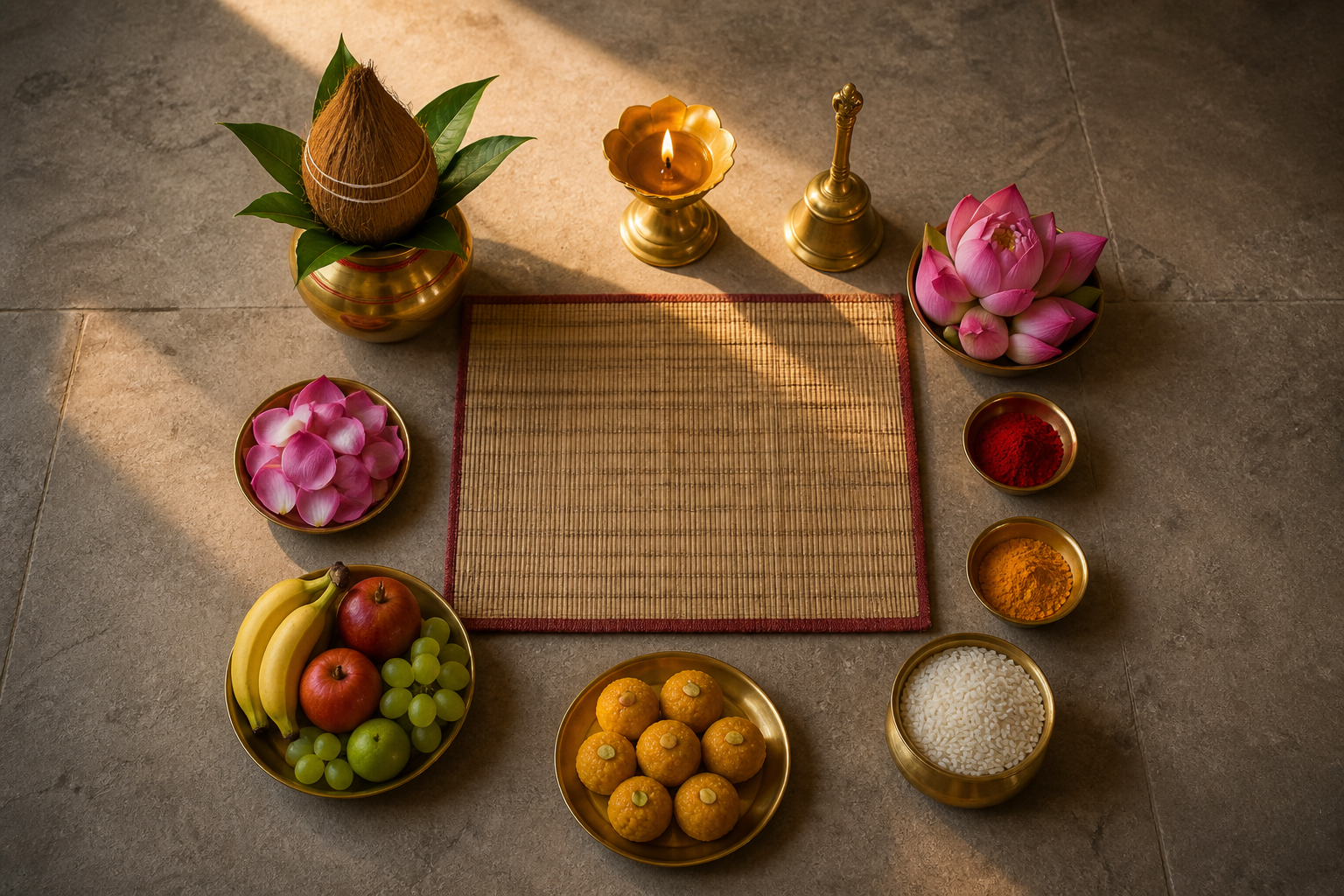 Puja items including a lamp, bell, kalasha, lotus flowers, rice, fruit, and sweets arranged around a worship mat.