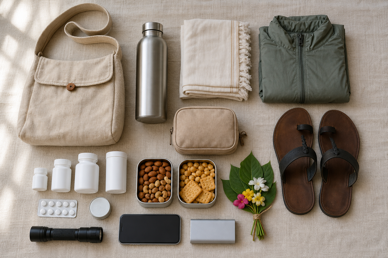 A lightweight overnight pilgrimage kit includes a cloth bag, water bottle, shawl, medicine, snacks, flashlight, phone, and simple offerings.