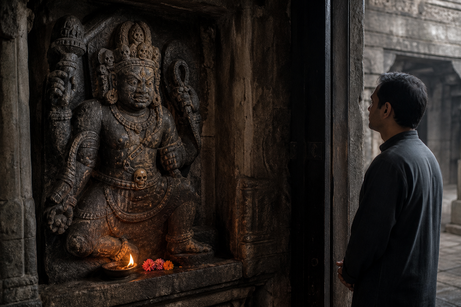 A visitor quietly observes a fierce stone Bhairava sculpture with a carved skull motif in a dim temple niche.
