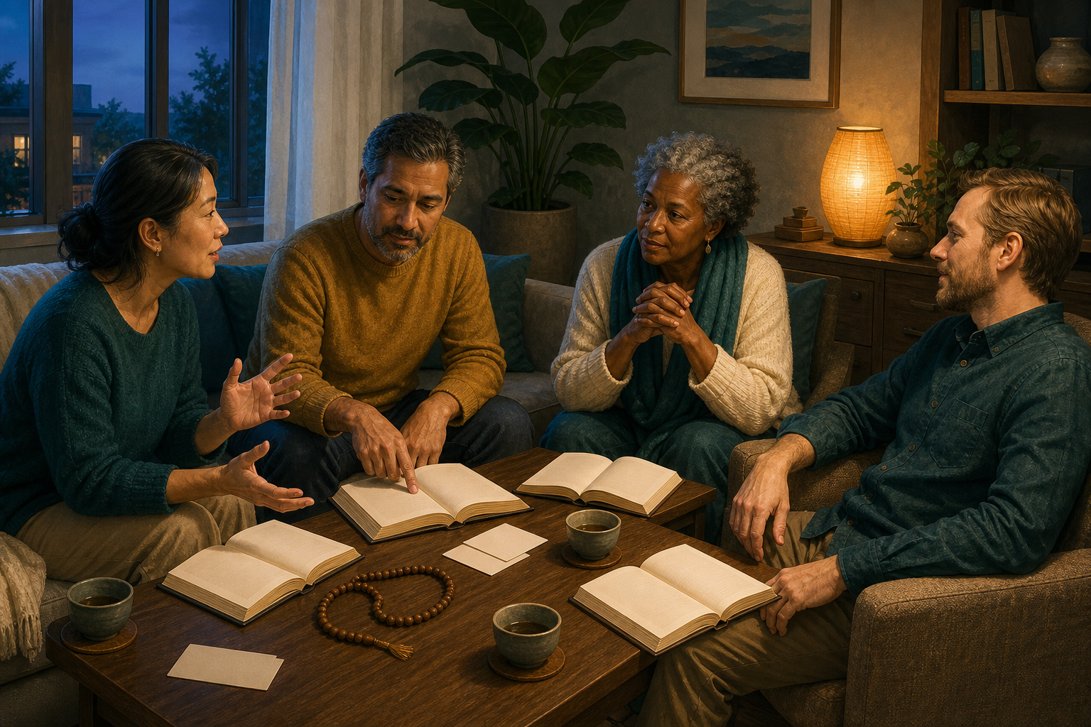 Four adults discuss open scriptures around a low table in a calm study circle, listening and pointing to passages respectfully.