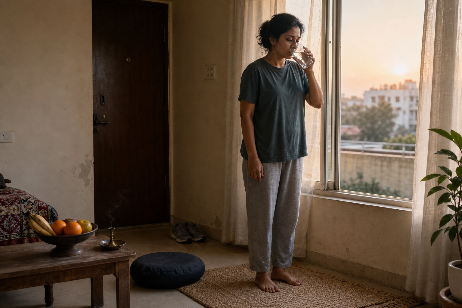 A tired person drinks water by an open window near a meditation cushion, fruit bowl, and walking shoes.