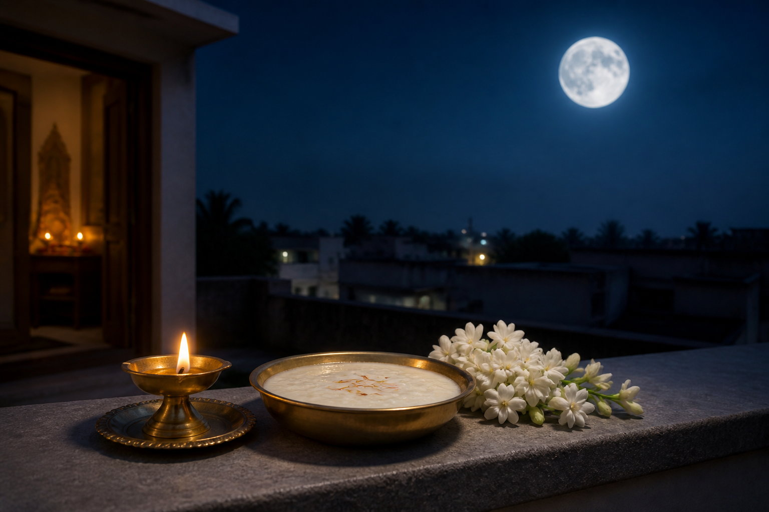 A full moon above dark rooftops with a brass oil lamp, jasmine flowers, and a bowl of kheer on a terrace ledge.