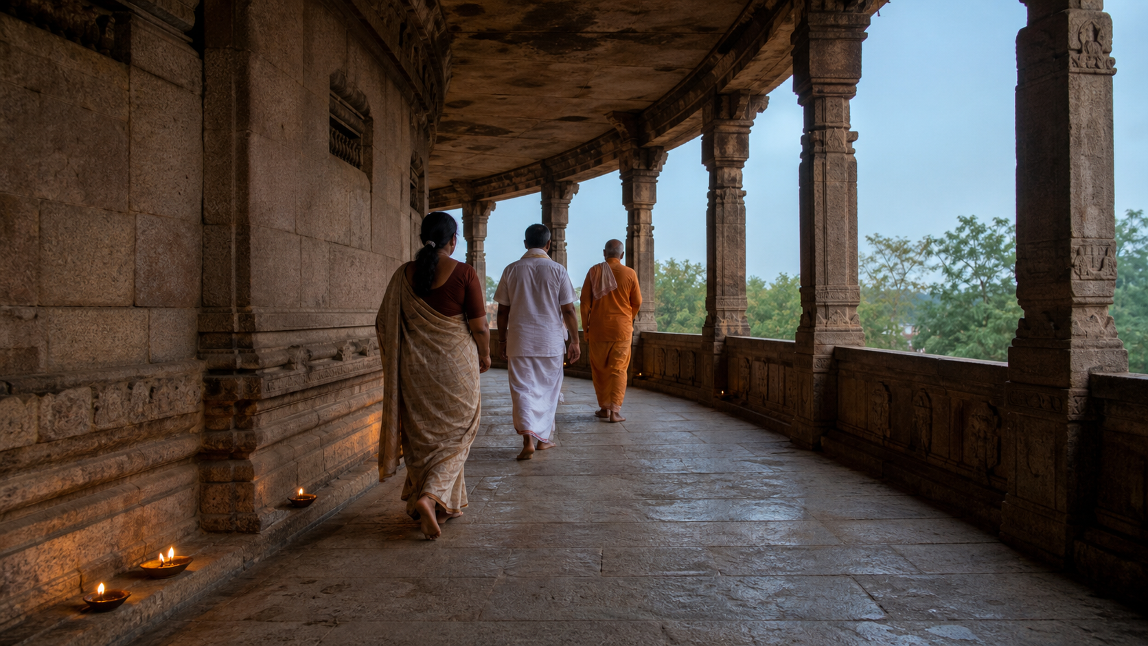Three devotees walk attentively through the curved stone circumambulatory passage of a Shaiva temple.