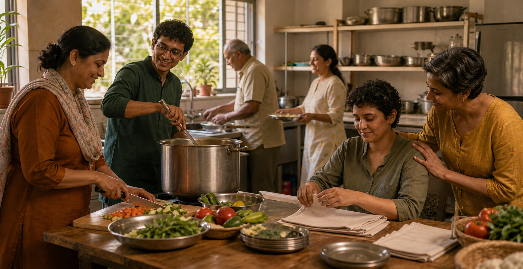 Adults of different ages prepare a community meal together, sharing kitchen tasks around a table and stove.