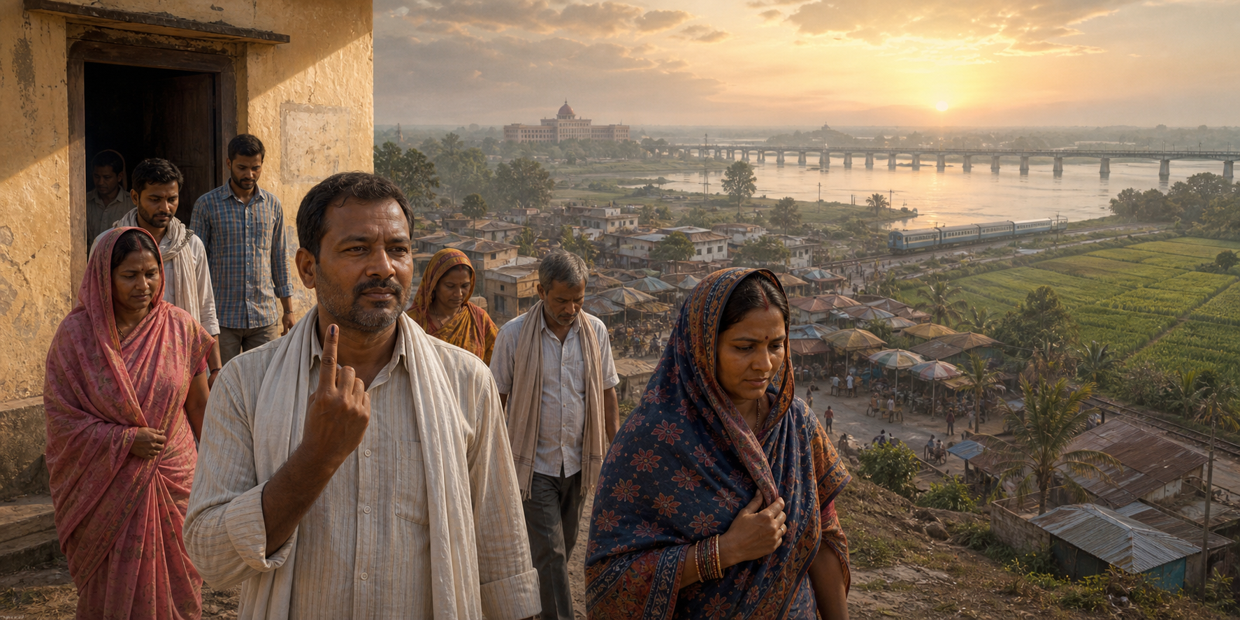 Voters leaving a polling place with an ink-marked finger, set against fields, a town, a river bridge and public infrastructure in Bihar.