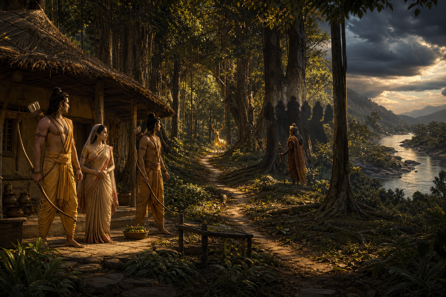 Rama, Sita, and Lakshmana at a forest hermitage in Panchavati as a golden deer appears and a disguised Ravana waits among the trees, with no army in sight.