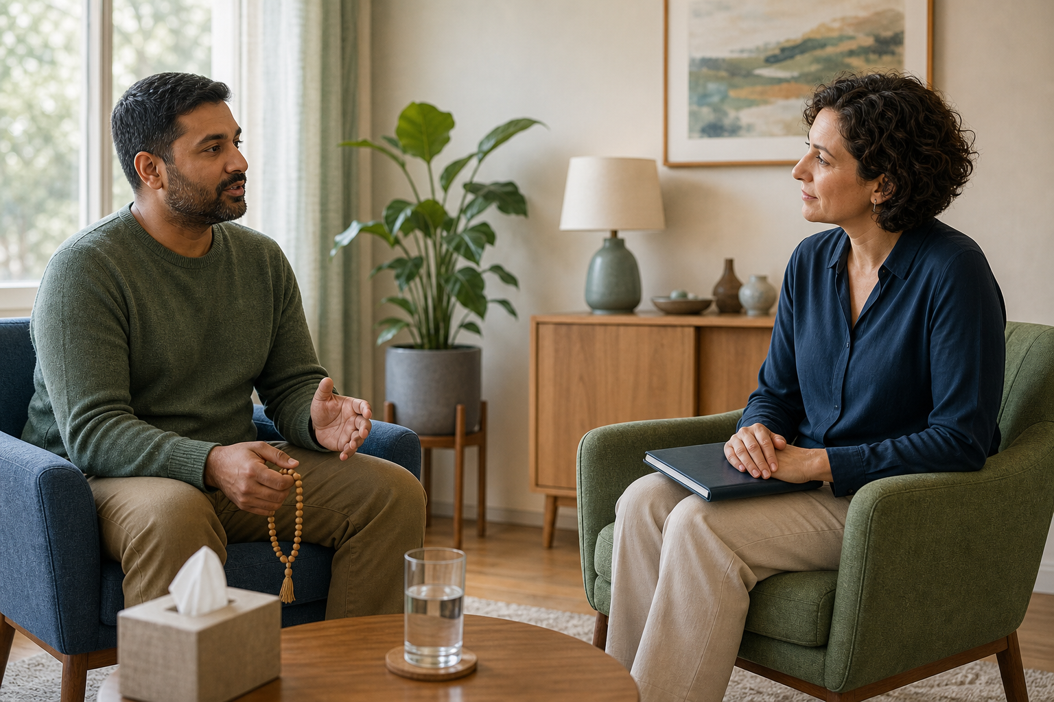 A person holding wooden prayer beads speaks with an attentive clinician in a softly lit therapy room.