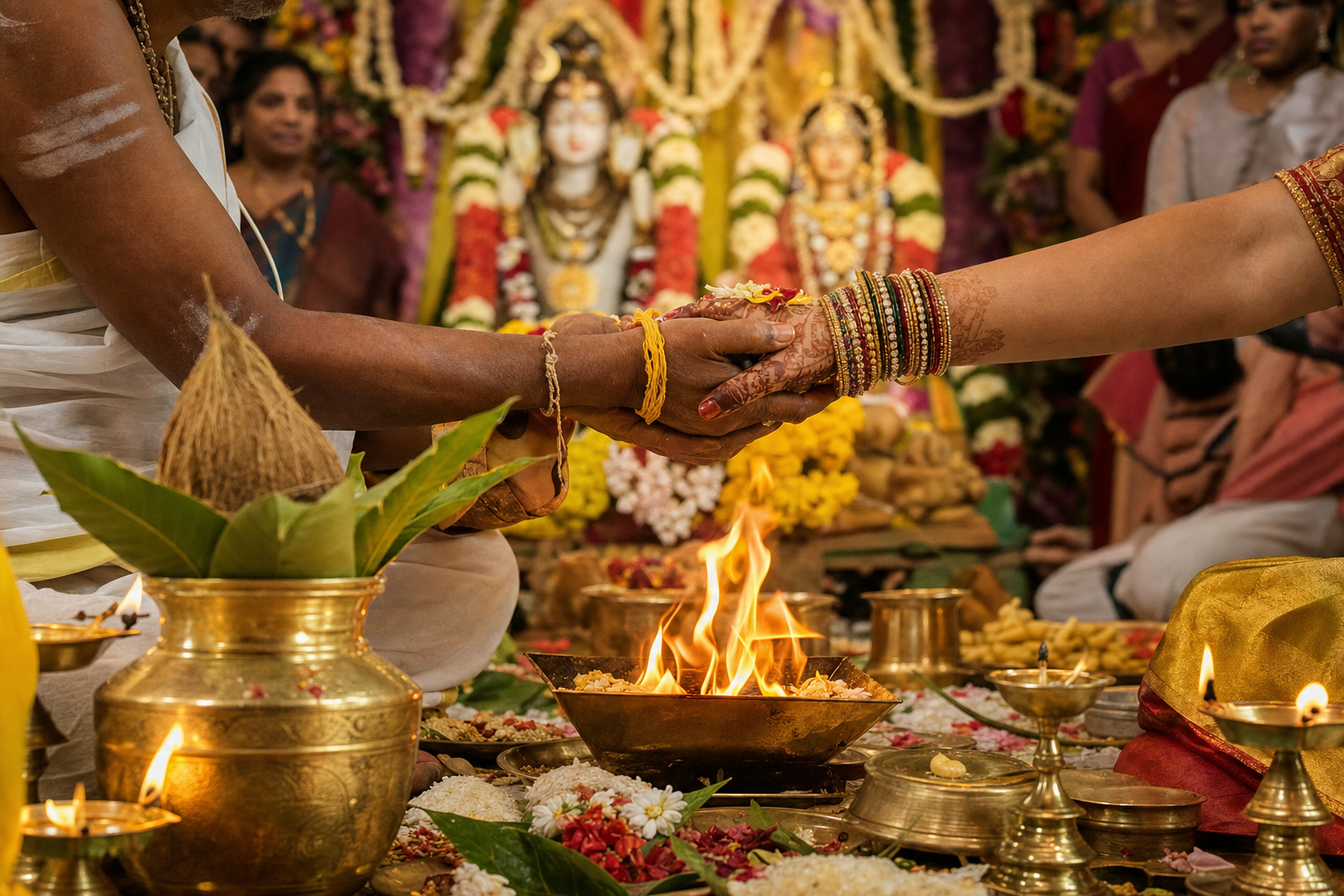 Joined ceremonial hands, sacred fire, flower garlands, and ritual offerings form the center of a Shiva-Parvati temple wedding.