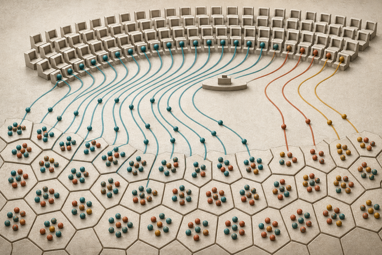 Conceptual illustration of voting tokens moving from many constituency tiles into curved rows of legislative seats.