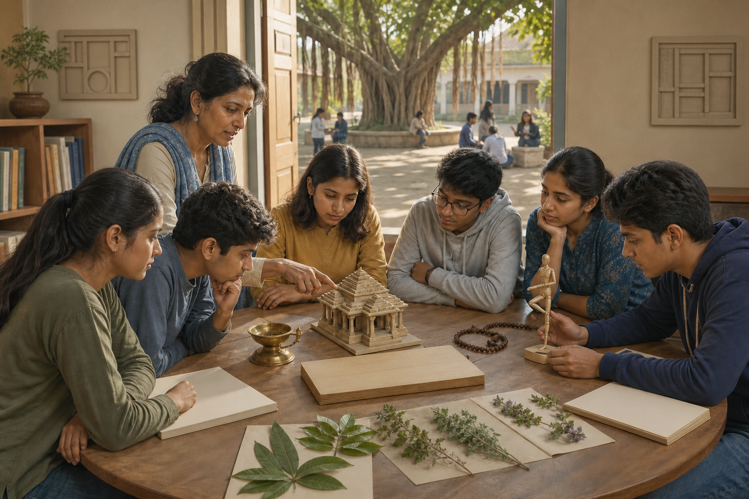 A teacher and students examine Dharmic cultural objects and an architectural model in a sunlit classroom connected to a banyan-tree courtyard.