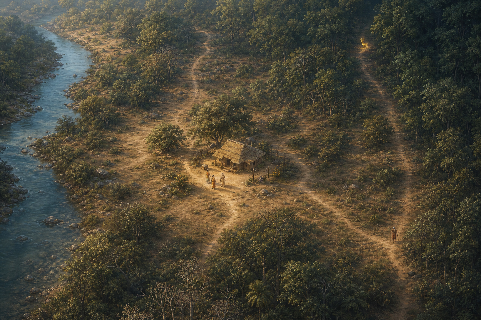 An overhead view of an isolated forest hermitage beside a river, with empty approach paths and only a distant golden deer and solitary ascetic visible.