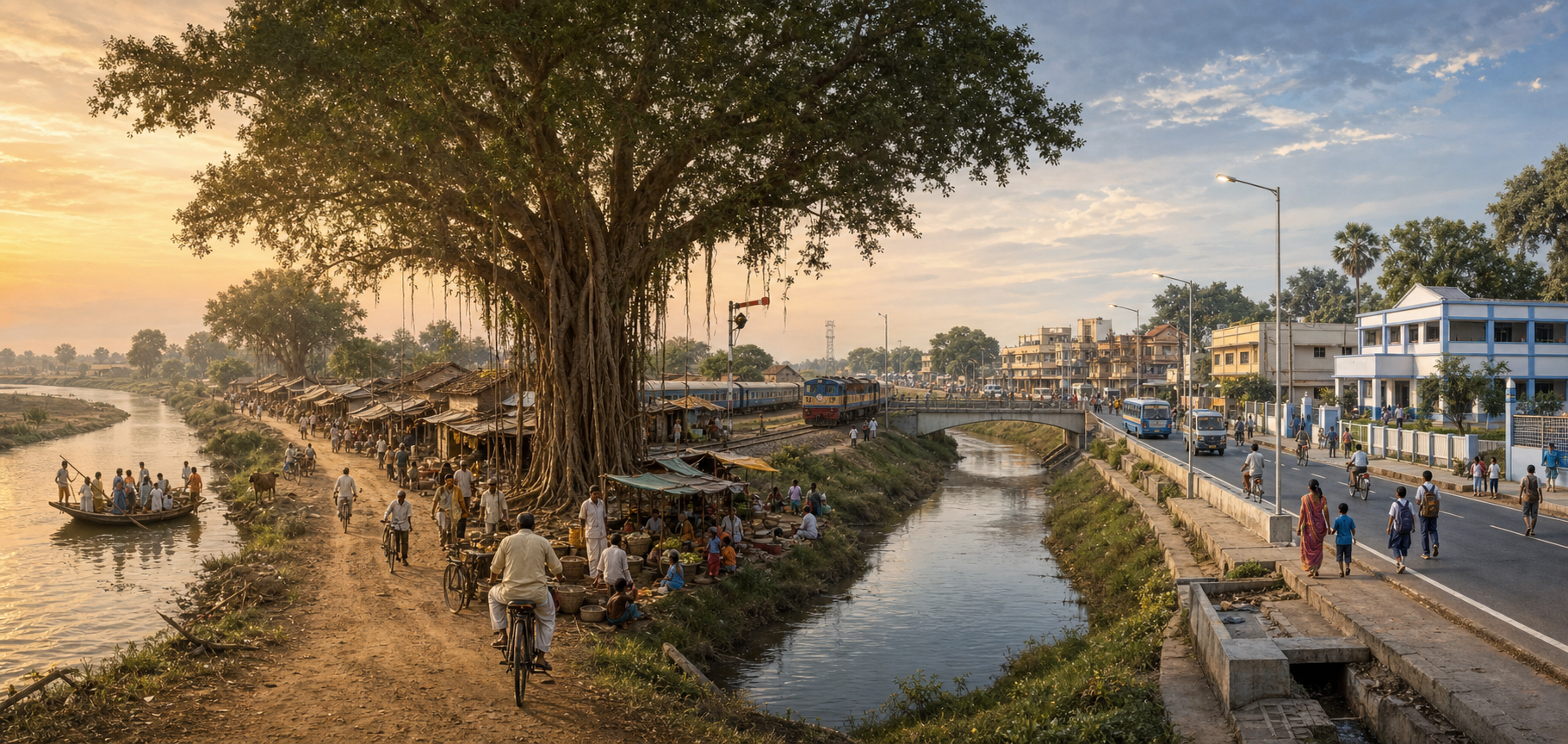 A continuous Bihar landscape transitioning from an older unpaved route and ferry to modern roads, rail, a bridge, streetlights, a school and a health facility.