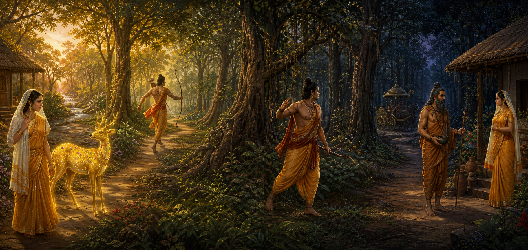 A continuous forest panorama shows the golden deer luring Rama away, Lakshmana leaving the hermitage, and a disguised Ravana approaching the isolated Sita.