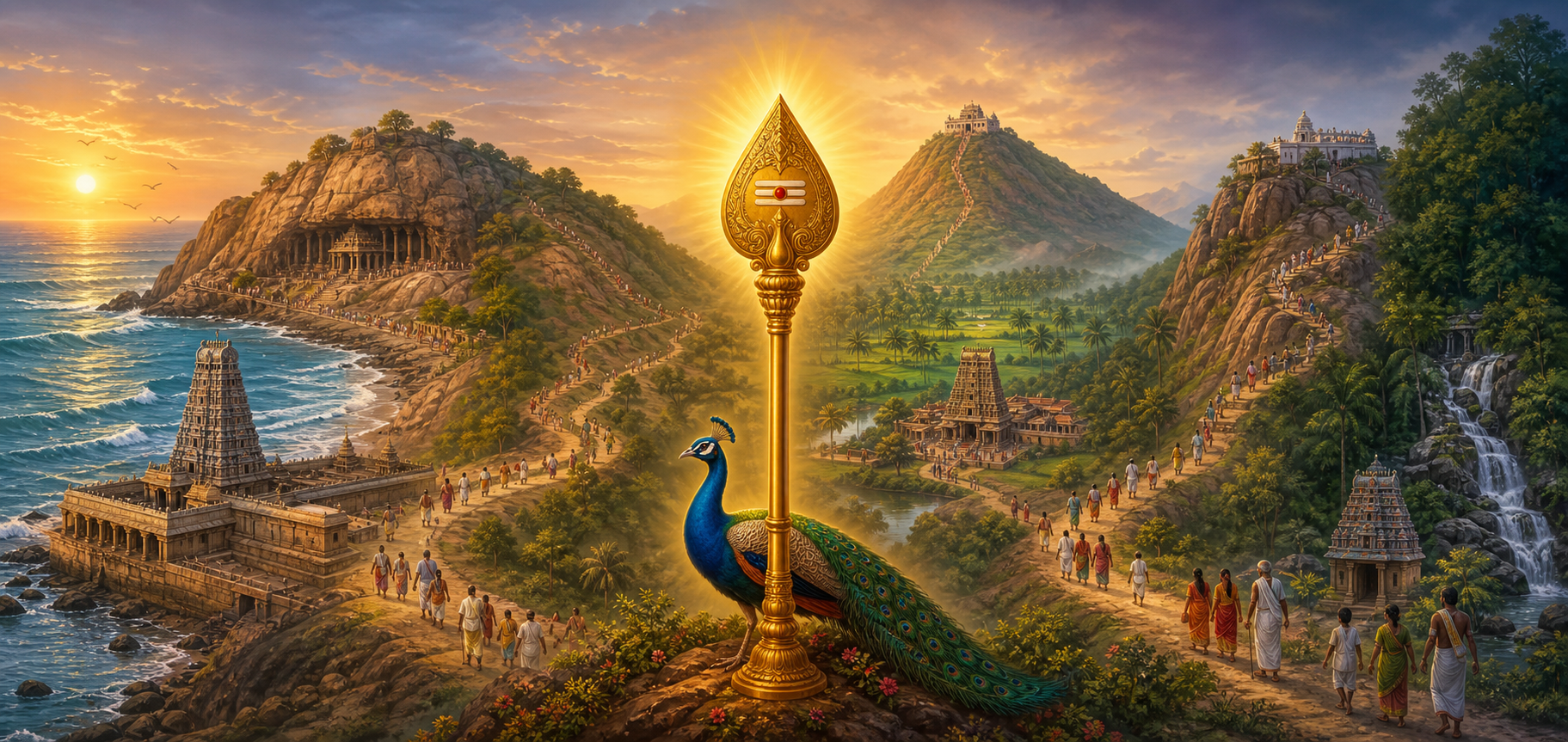 A continuous painted landscape joins six Murugan pilgrimage settings, with a golden Vel, a peacock, temples, hills, sea, forest, waterfall, and pilgrims.