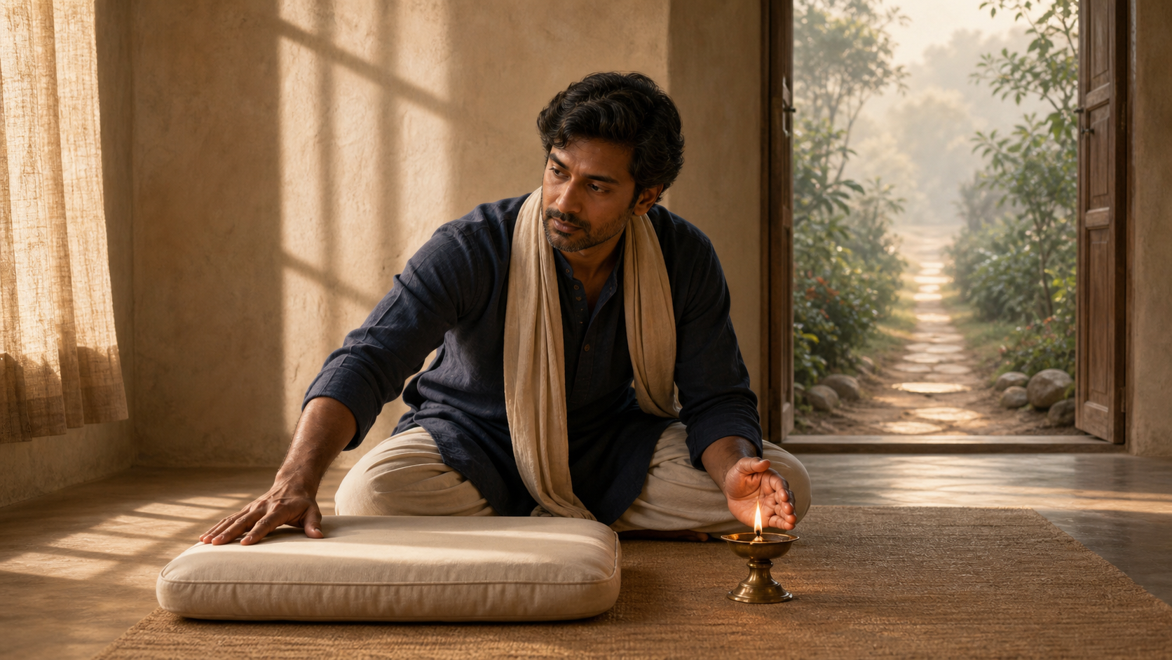 A practitioner at dawn carefully straightens a meditation cushion beside a small oil lamp in a simple room overlooking a garden path.