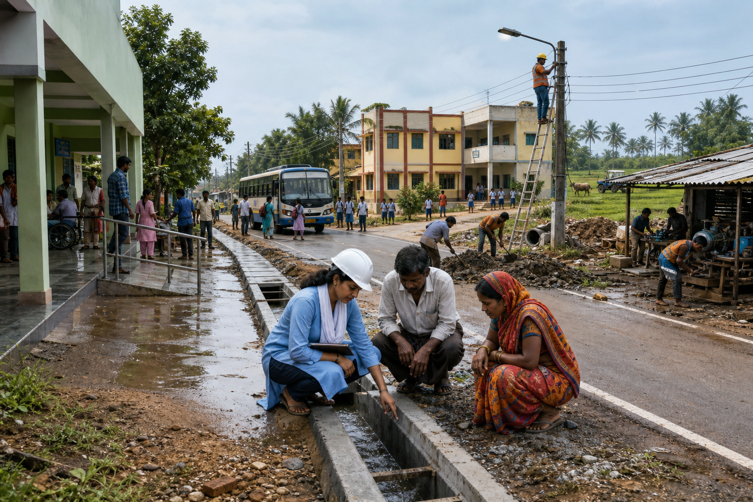 Residents and public-service workers at a Bihar junction with a clinic, school, bus, paved road, drainage repairs and electrical infrastructure.