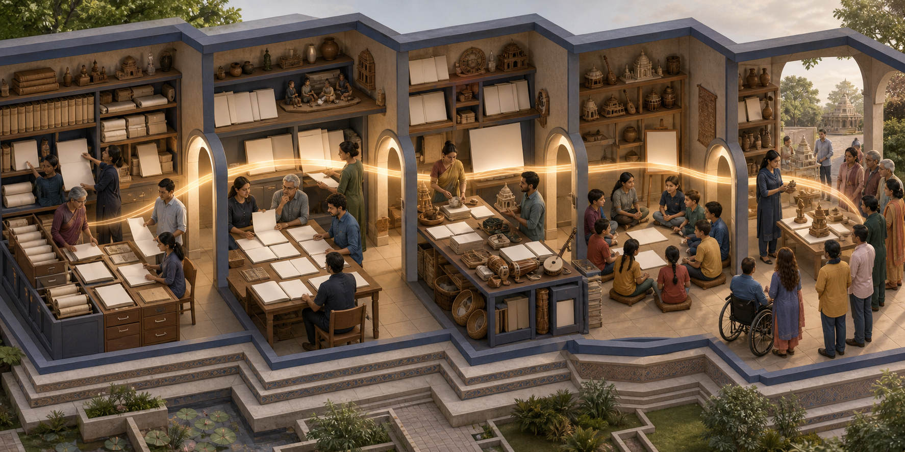 A connected cutaway scene follows educational material from archival research and publishing through teacher preparation, classroom discussion, and community learning.