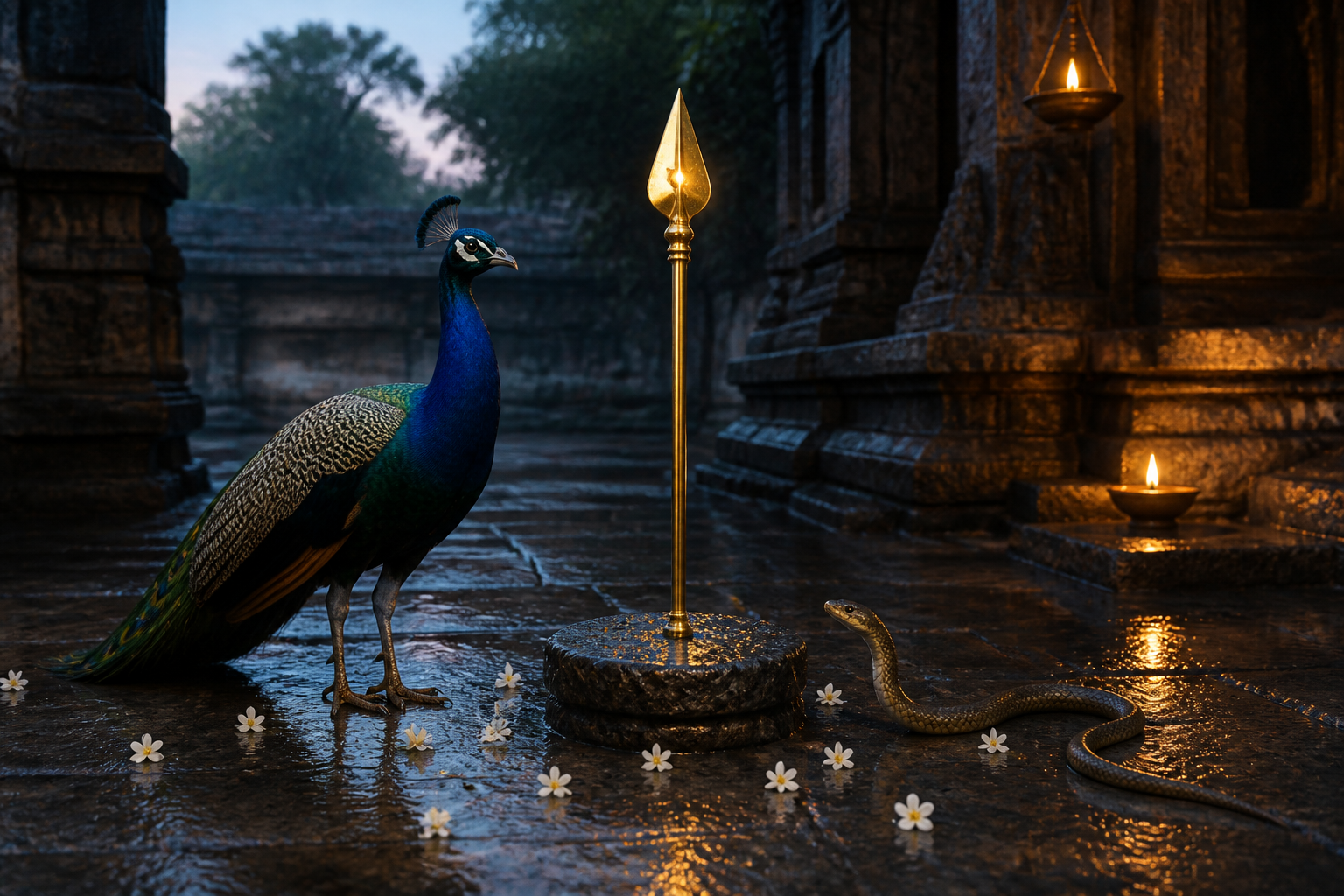 A golden Vel stands in a rain-darkened temple courtyard beside a peacock with folded feathers and a calm coiled serpent.